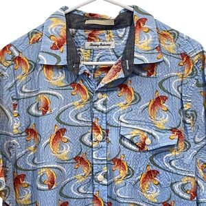 Tommy Bahama Mens Large Blue Koi Fish Seersucker Short Sleeve Button Up Shirt